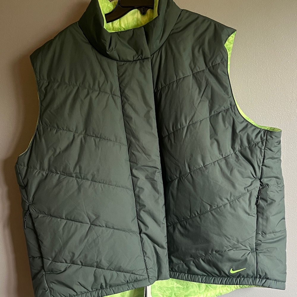 Nike Olive Green Puffer Vest with Lime Accents